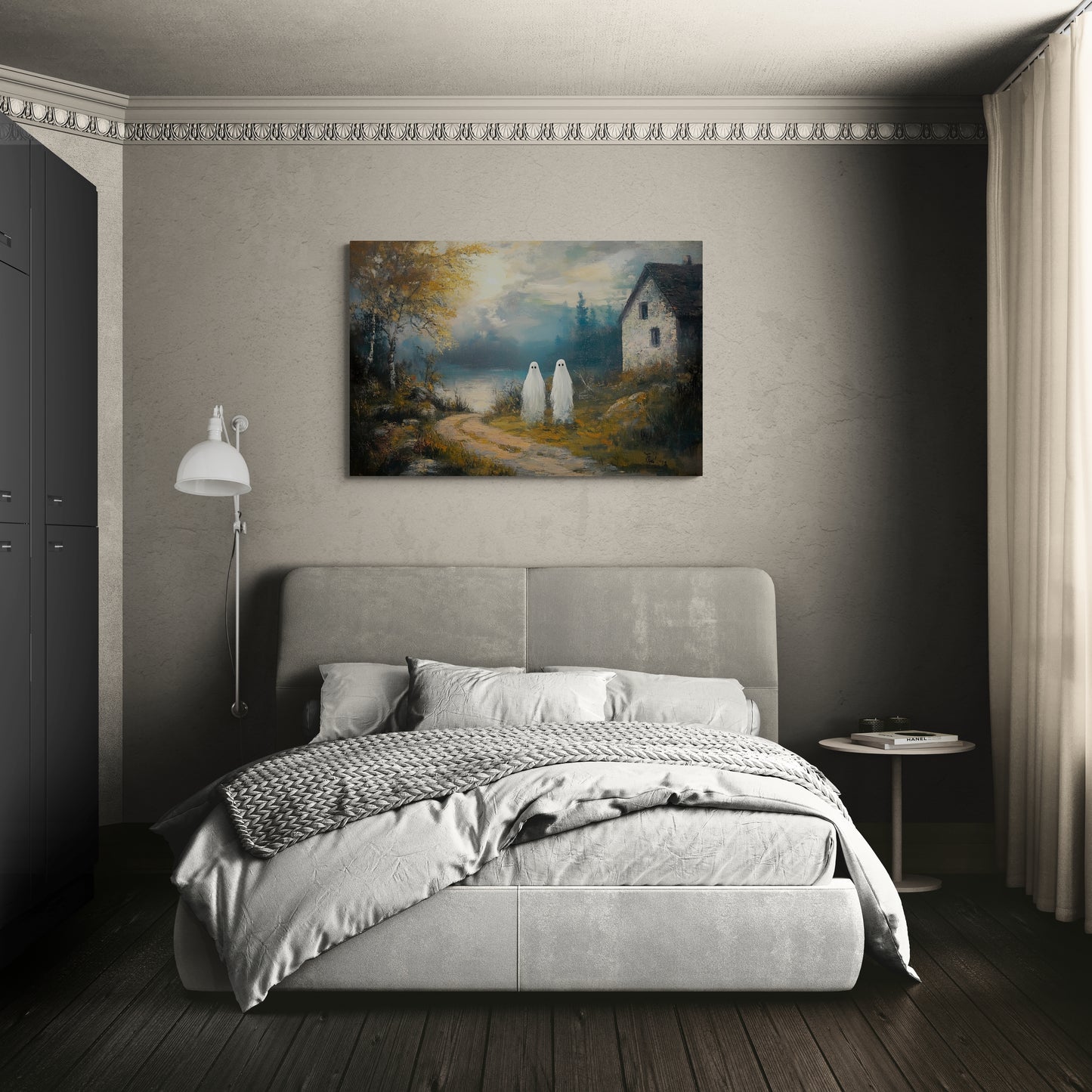 Vintage Halloween Ghost Wall Art ,Rustic Landscape Wall Decor, Cute Ghost Decor Wall Art, Aesthetic Halloween Wall Decor 1.5" Canvas Wrap