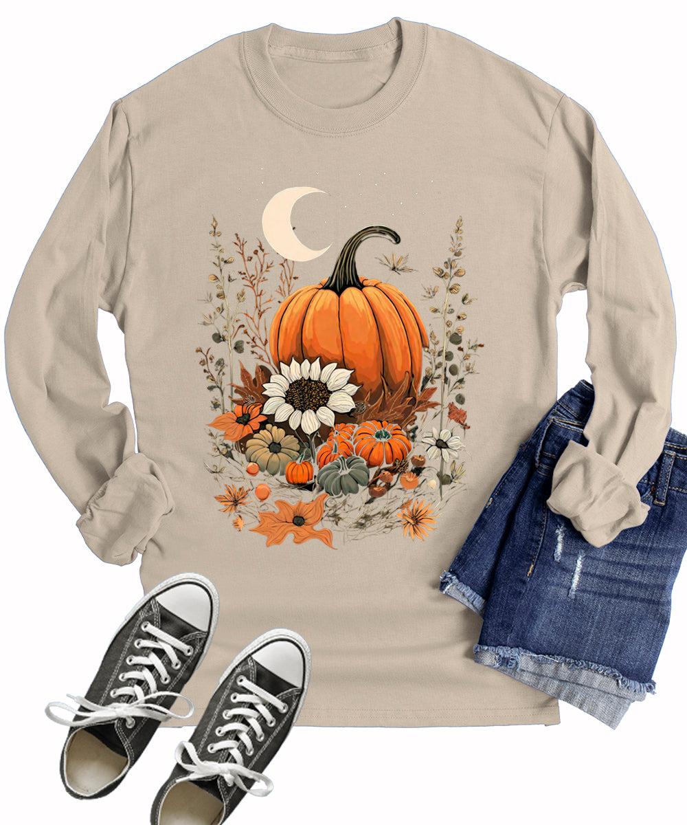 Pumpkin Cottagecore Vintage Fall Flower Women's Long Sleeve T-Shirt