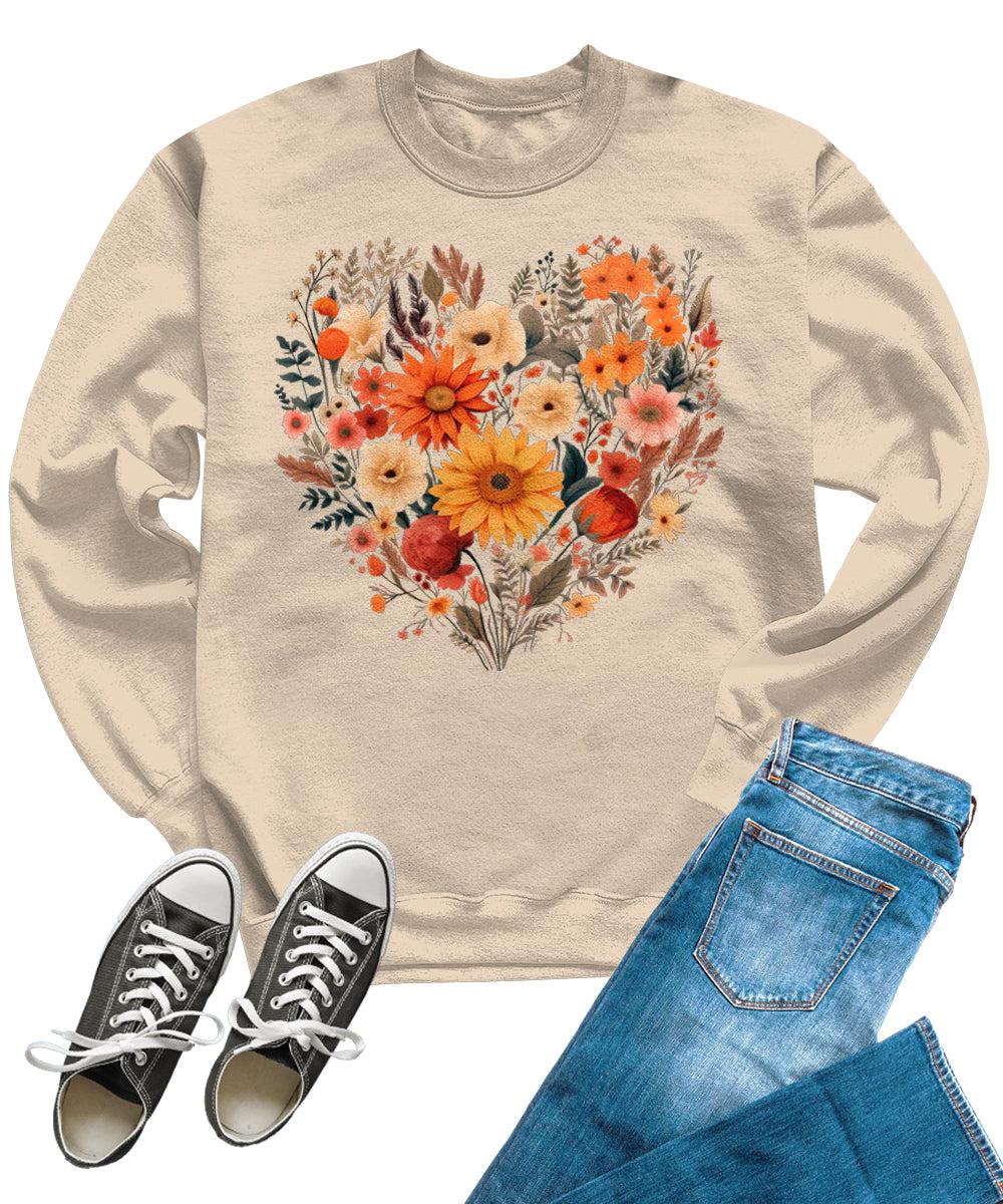 Fall Floral Heart Cute Crewneck Sweatshirts for Women Autumn Tops