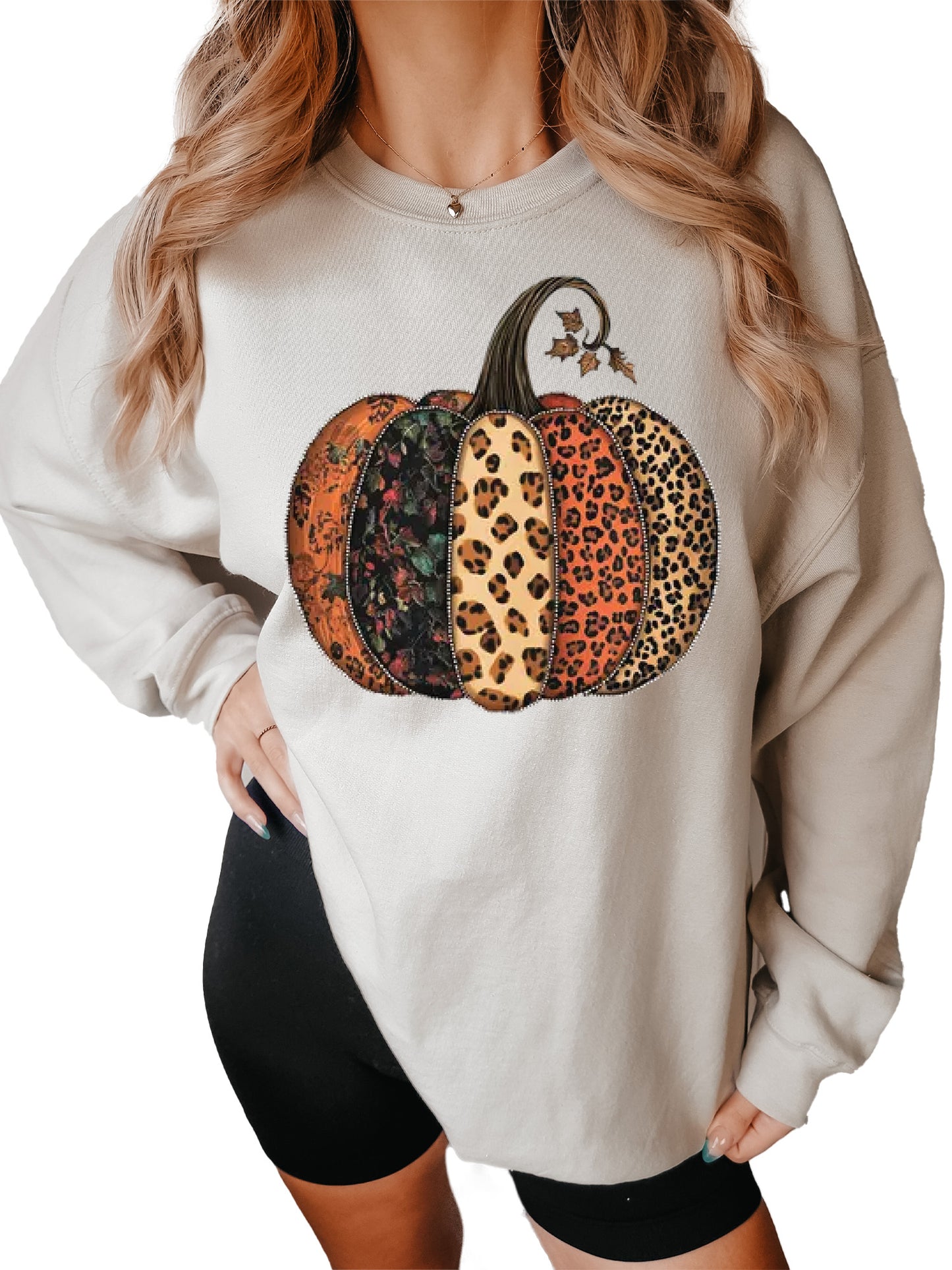 Women's Fall Leopard Print Pumpkin Thanksgiving Crewneck Sweatshirt