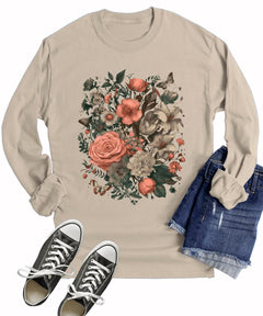 Womens Floral Trendy Wildflower Butterfly Fall Long Sleeve T-Shirt
