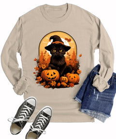 Cute Black Cat Floral Halloween Pumpkins Fall Long Sleeve T-Shirt