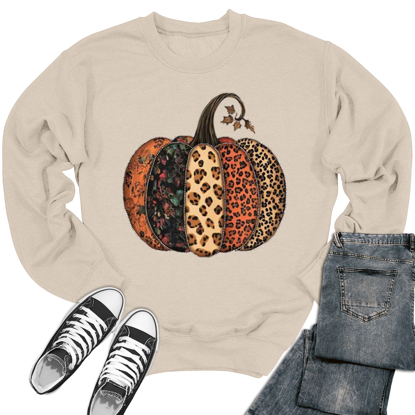 Women's Fall Leopard Print Pumpkin Thanksgiving Crewneck Sweatshirt