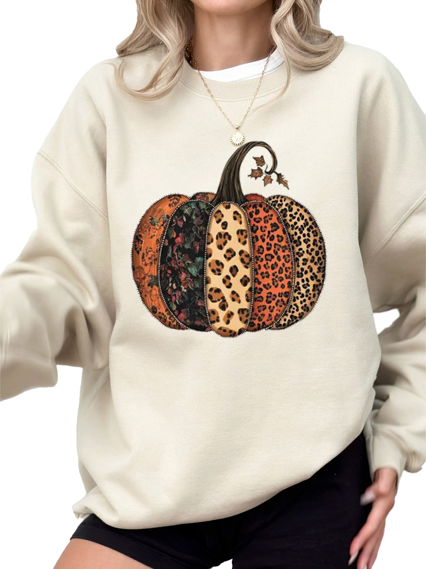 Women's Fall Leopard Print Pumpkin Thanksgiving Crewneck Sweatshirt