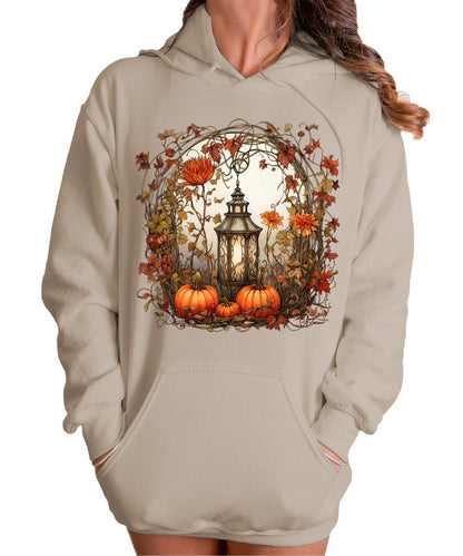 Fall Floral Lantern Pumpkin Graphic Hoodie for Women Cute Autumn Hoodied Sweatshirt