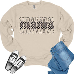 Mama Retro Crewneck Sweatshirt Checkeetter Print Tops for Mom