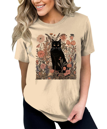 Women's Black Cat Wildflower Graphic Tees