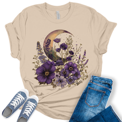 Cottagecore Shirt Crescent Moon T Shirt Vintage Purple Wildflower Graphic Tees for Women