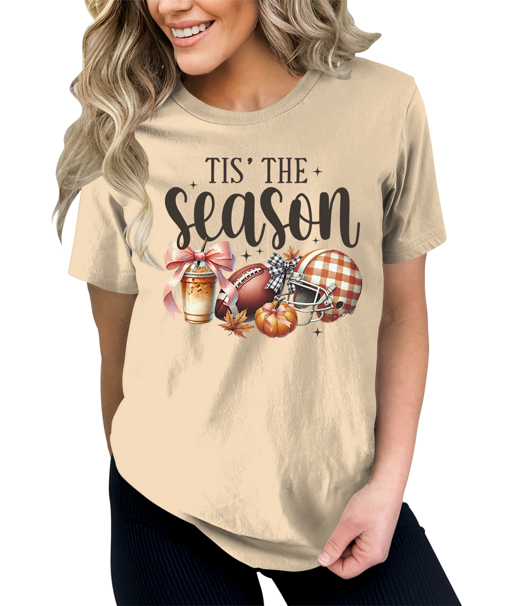 Tis' The Season Thanksgiving Football Pumpkin Graphic Tees for Women