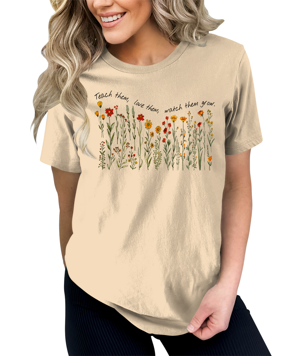 Women's Teacher Shirt Floral Teach Love Watch Them Grow Teaching Graphic Tees for Women