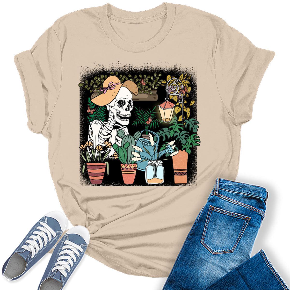 Women's Skeleton Watering Plants Shirt Funny Planting Lovers Gardener Graphic Tees