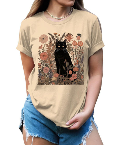 Women's Black Cat Wildflower Graphic Tees