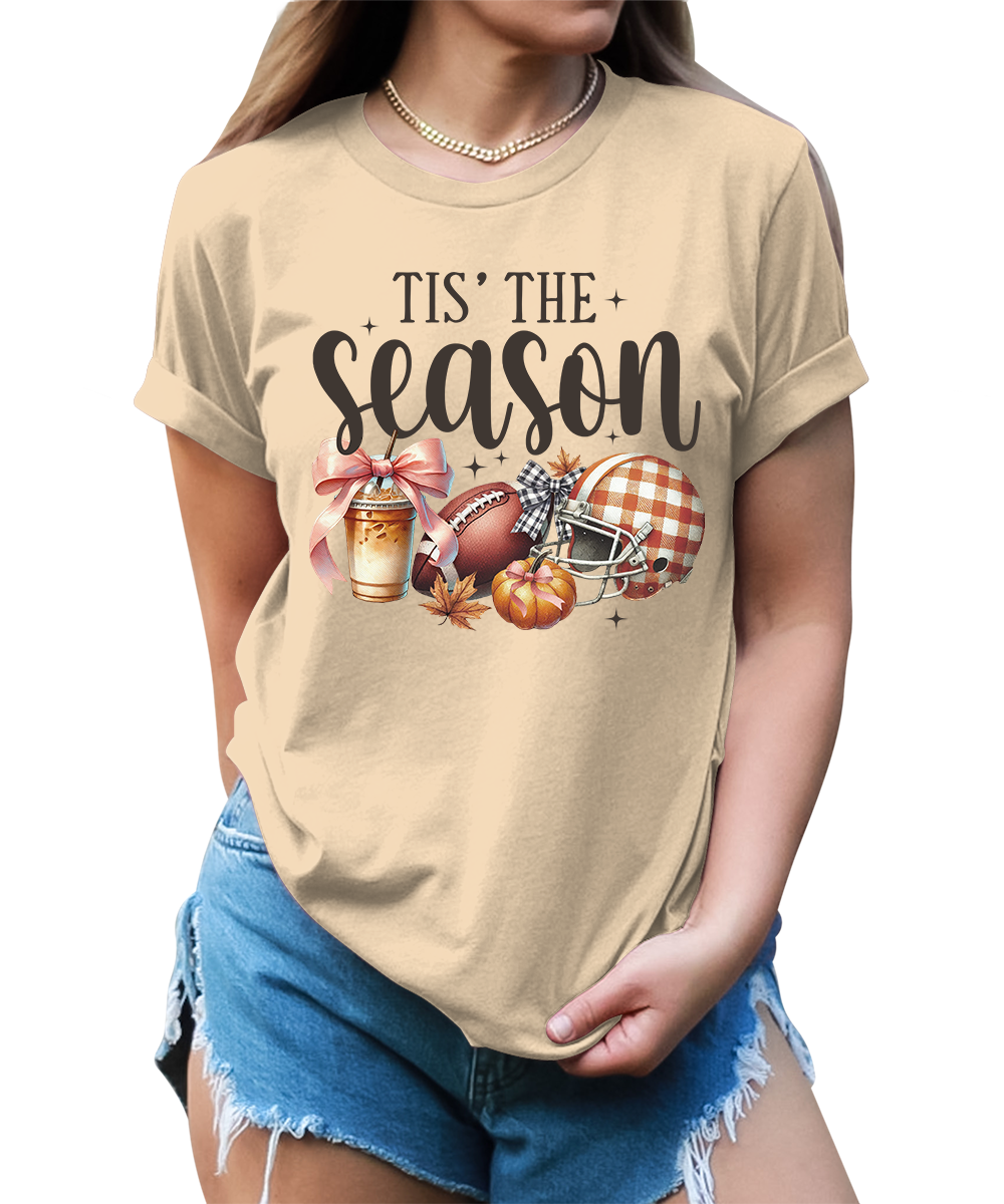 Tis' The Season Thanksgiving Football Pumpkin Graphic Tees for Women