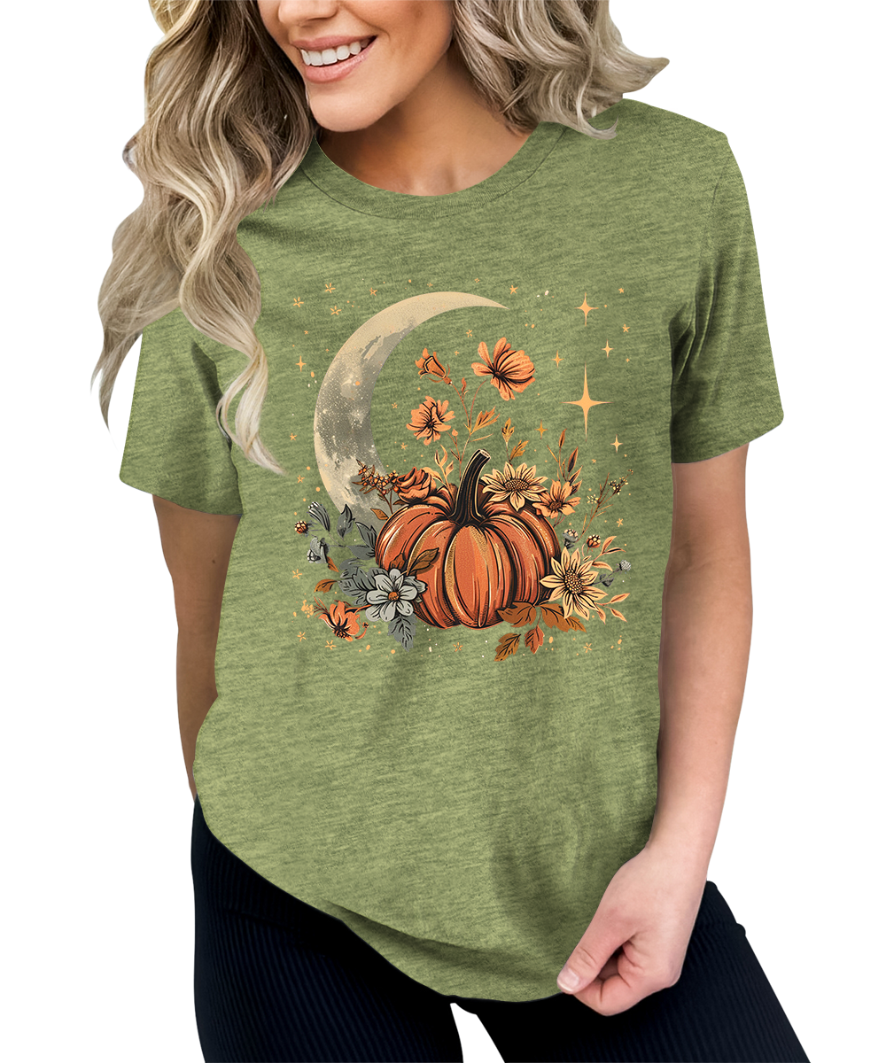 Fall Floral Pumpkin Moon Stars Graphic Tees for Women