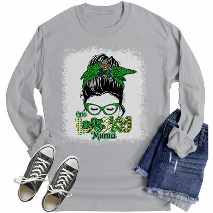 One Lucky Mama Top St Patricks Day Shirt Womens Long Sleeve Bleach Print Graphic Tees