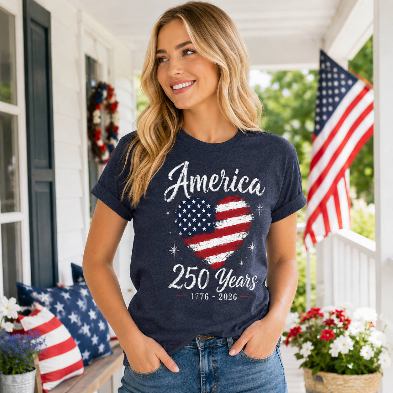 Women's 250th Anniversary USA Merchandise American Heart Shirt 4th of July Vintage Patriotic Graphic Tees