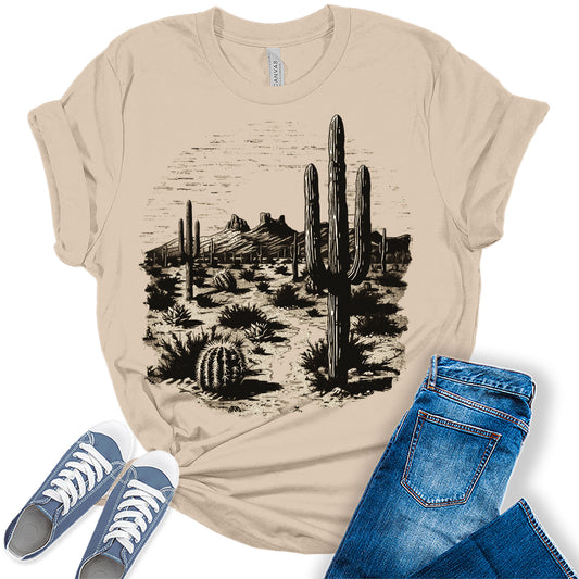 Western Shirts for Women Black Desert Cactus T Shirts Country Concert Tops Plus Size Graphic Tees