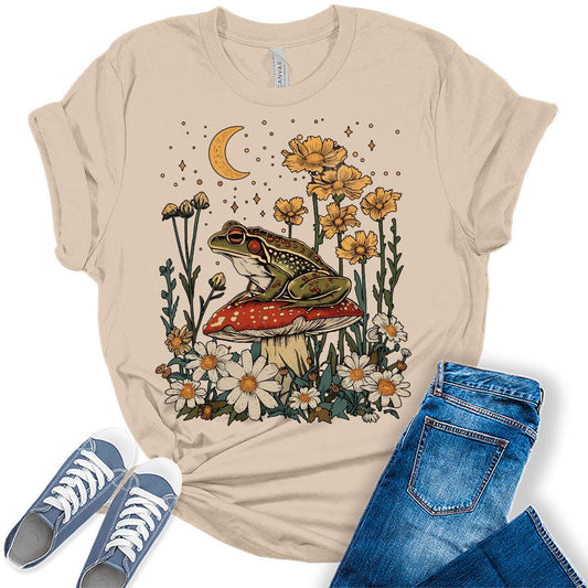 Frog Shirt Cottagecore Sitting on Mushroom Trendy Summer Plus Size Graphic Tees for Women