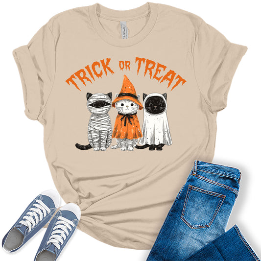 Halloween Cat Shirt for Women Cute Trick or Treat Bella Graphic Tee Short Sleeve Costume Top
