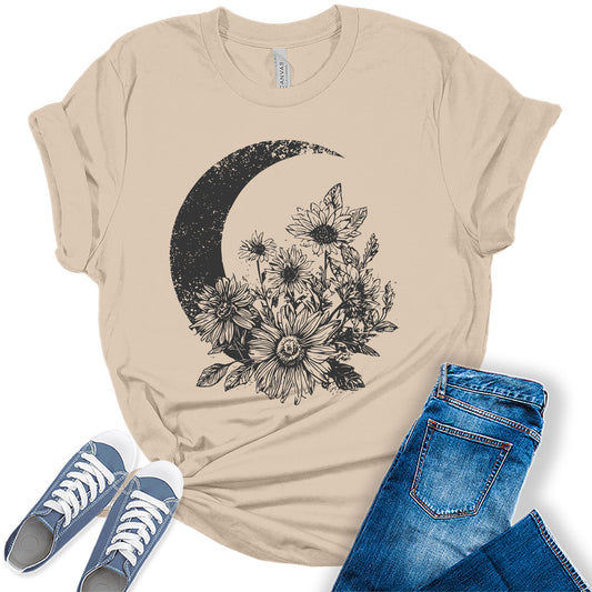 Boho Wildflower Moon Shirt for Women Vintage Graphic Tee Bella Short Sleeve Casual Top
