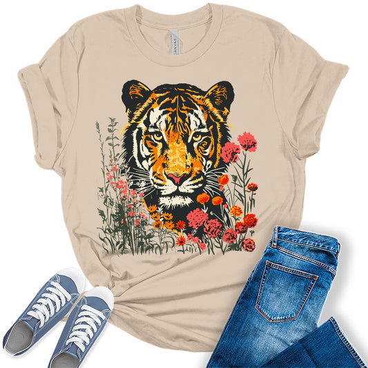 Tiger Shirt Cute Summer Graphic Tees for Women Short Sleeve Casual Trendy Floral Tops