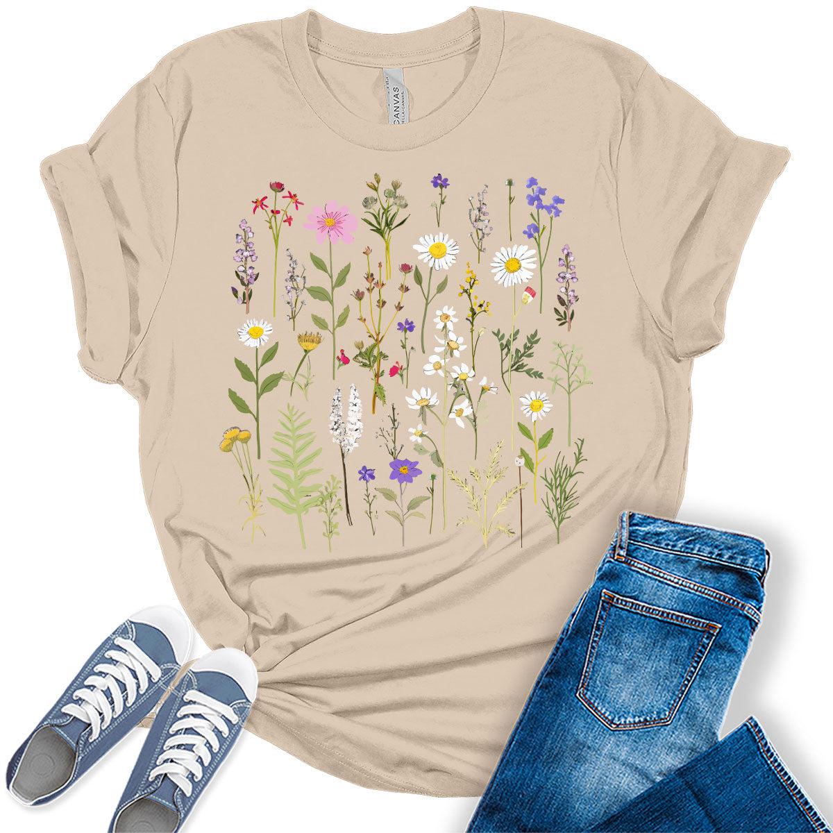 Womens Boho Shirt Vintage Wildflowers T Shirt Trendy Summer Graphic Tees