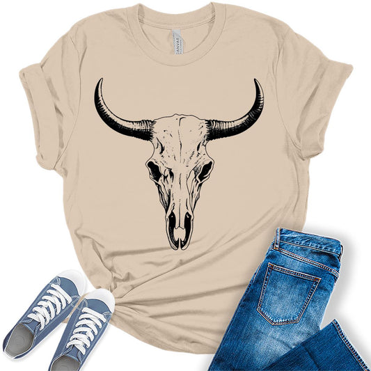 Texas Longhorn Bull Skull Womens Cowgirl Countryside T-shirt