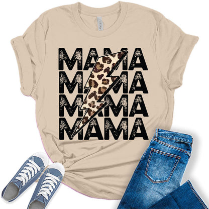 Mama Shirt Cute Thunder Leopard Letter Print Graphic Tees for Women Retro Tops