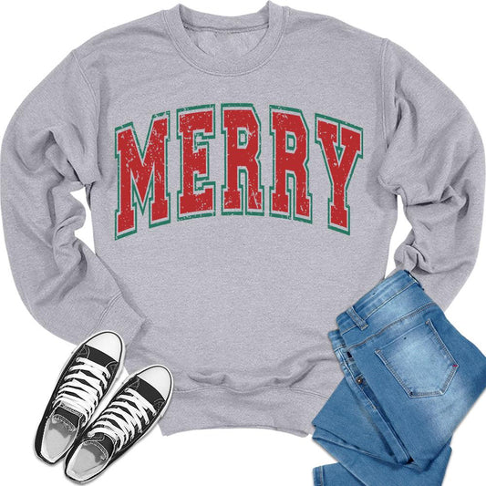 Merry Sweater Letter Print Christmas Crewneck Sweatshirt Holiday Tops