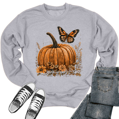 Fall Pumpkin Butterfly Flower Crewneck Sweatshirt