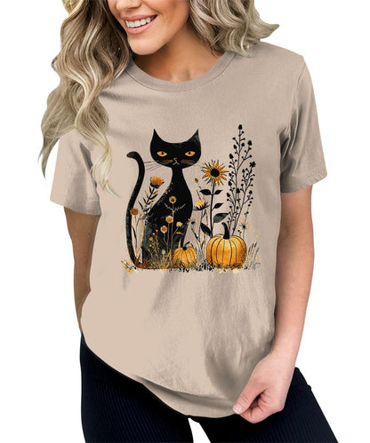 Cat Pumpkin Shirt Boho Halloween Short Sleeve Fall Plus Size Tops For Women