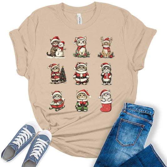 Women's Christmas Shirt Cute Funny Cat Shirt Short Sleeve Festive Holiday Graphic Tees