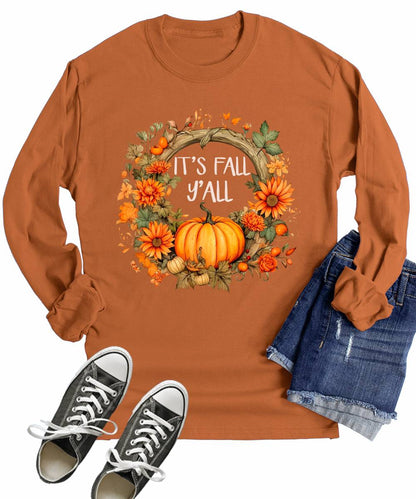 It's Fall Y'all Floral Pumpkin Autumn Wreath Long Sleeve T-Shirt