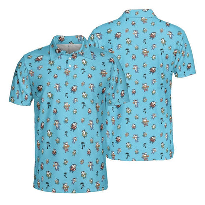 Shark Party Polo Golf Shirt for Men Palm Tree Print Beach Vacation Moisture Wicking Short Sleeve Top
