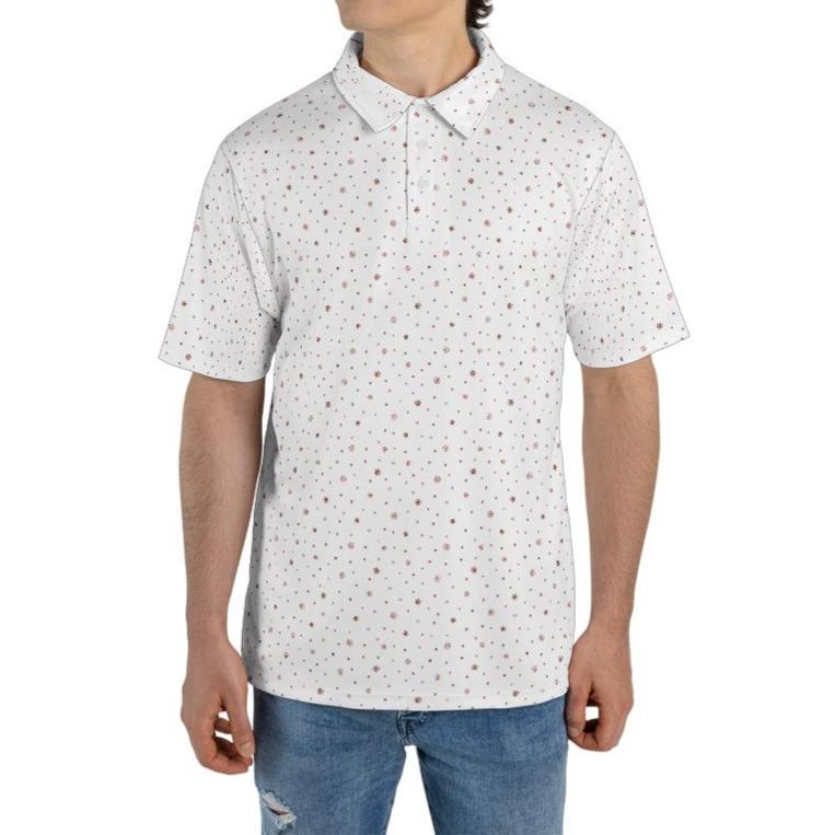 Men's White Christmas Polo Festive Holiday Snowflake Moisture Wicking Short Sleeve Golf Shirt