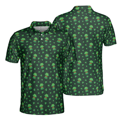 St Patricks Day Polo Golf Shirt for Men Lucky Clover Shamrock Hat Moisture Wicking Short Sleeve Top