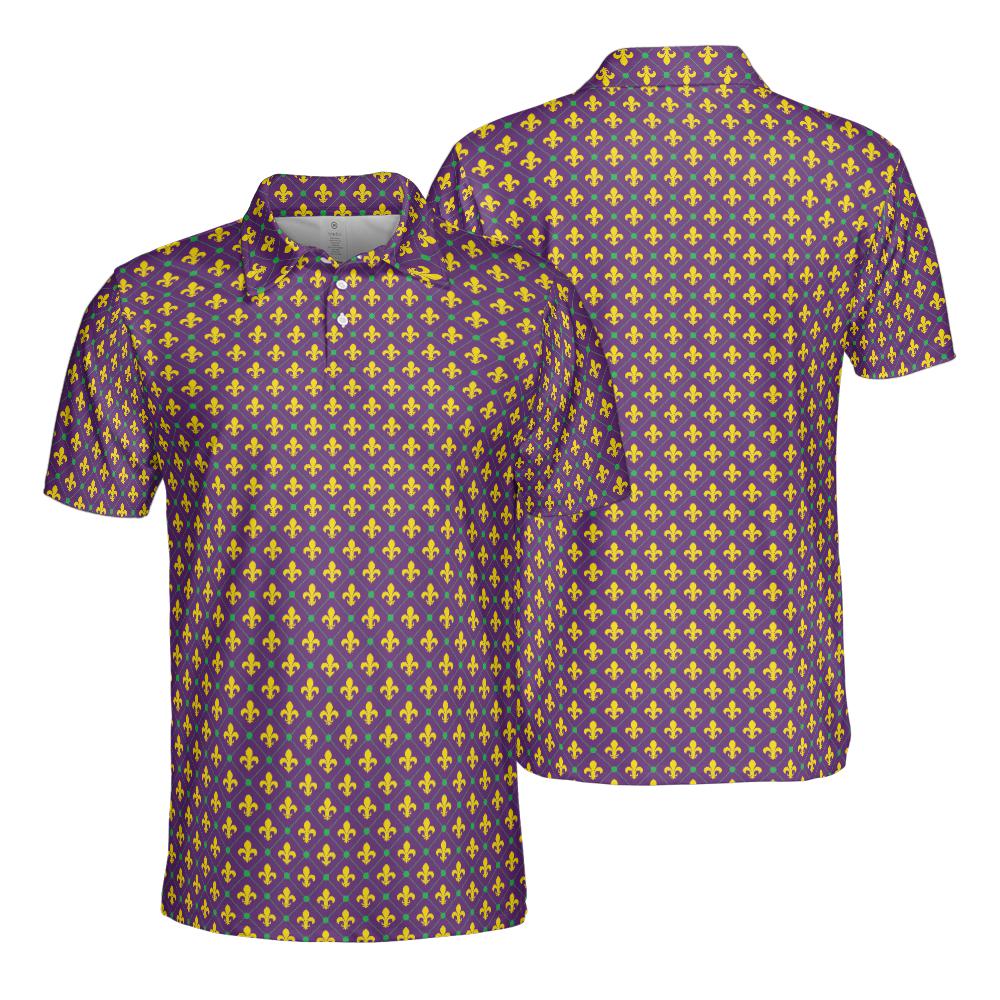 Mardi Gras Polo Shirts for Men Fleur De Lis Moisture Wicking Short Sleeve Golf Shirt