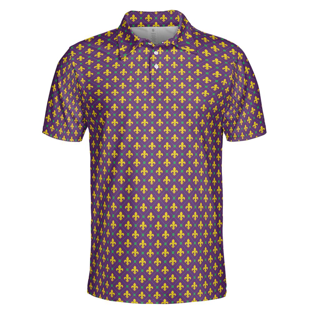 Mardi Gras Polo Shirts for Men Fleur De Lis Moisture Wicking Short Sleeve Golf Shirt