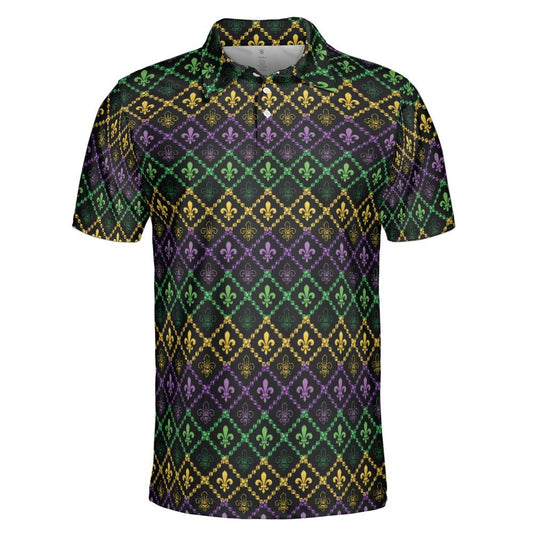 Mardi Gras Polo Shirts for Men Fleur De Lis and Beads Moisture Wicking Short Sleeve Golf Shirt