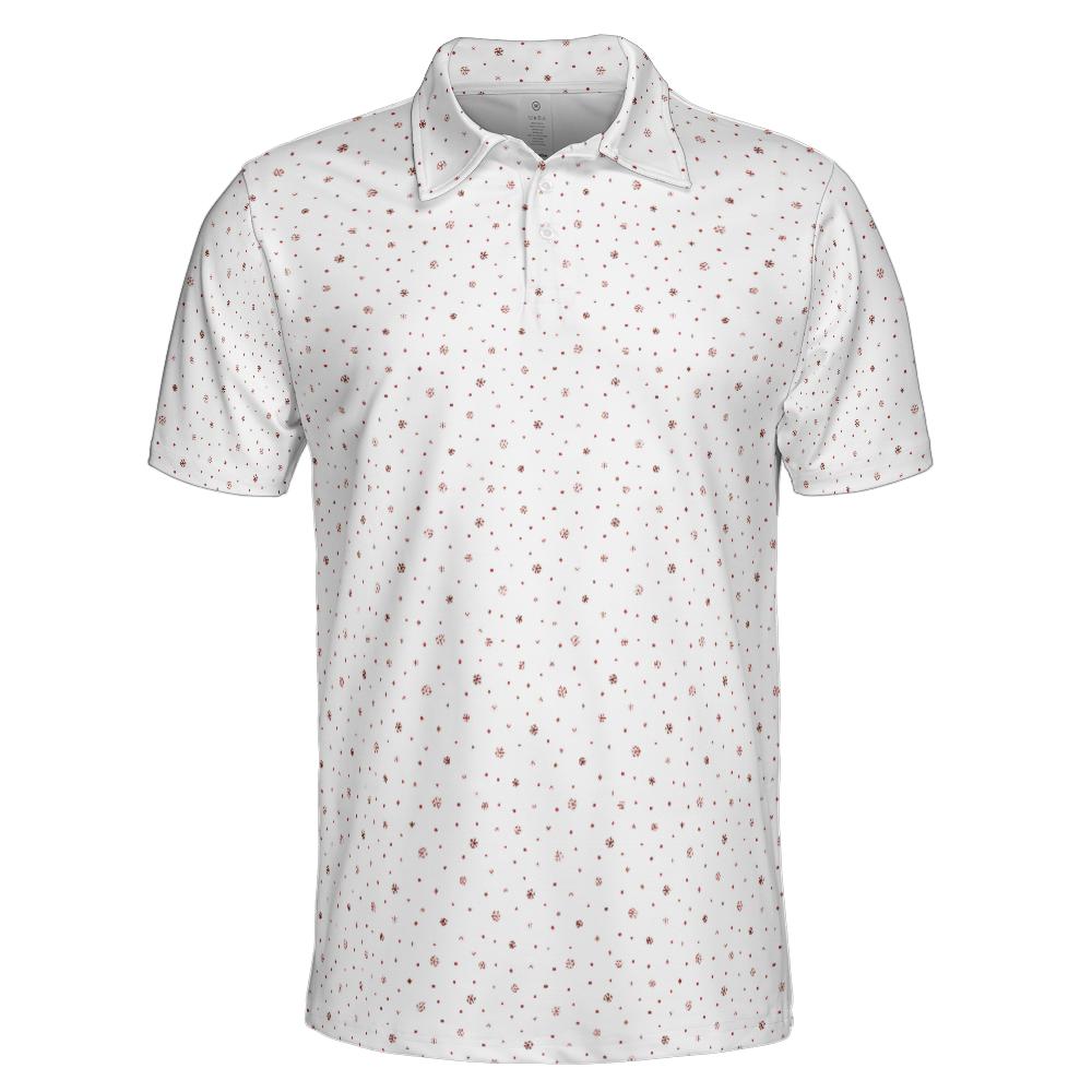 Men's White Christmas Polo Festive Holiday Snowflake Moisture Wicking Short Sleeve Golf Shirt