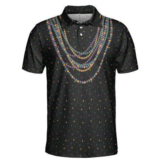 Mardi Gras Polo Shirts for Men Bead Necklace Party Shirt Moisture Wicking Short Sleeve Golf Shirt