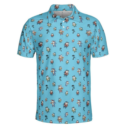 Shark Party Polo Golf Shirt for Men Palm Tree Print Beach Vacation Moisture Wicking Short Sleeve Top