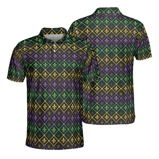 Mardi Gras Polo Shirts for Men Fleur De Lis and Beads Moisture Wicking Short Sleeve Golf Shirt