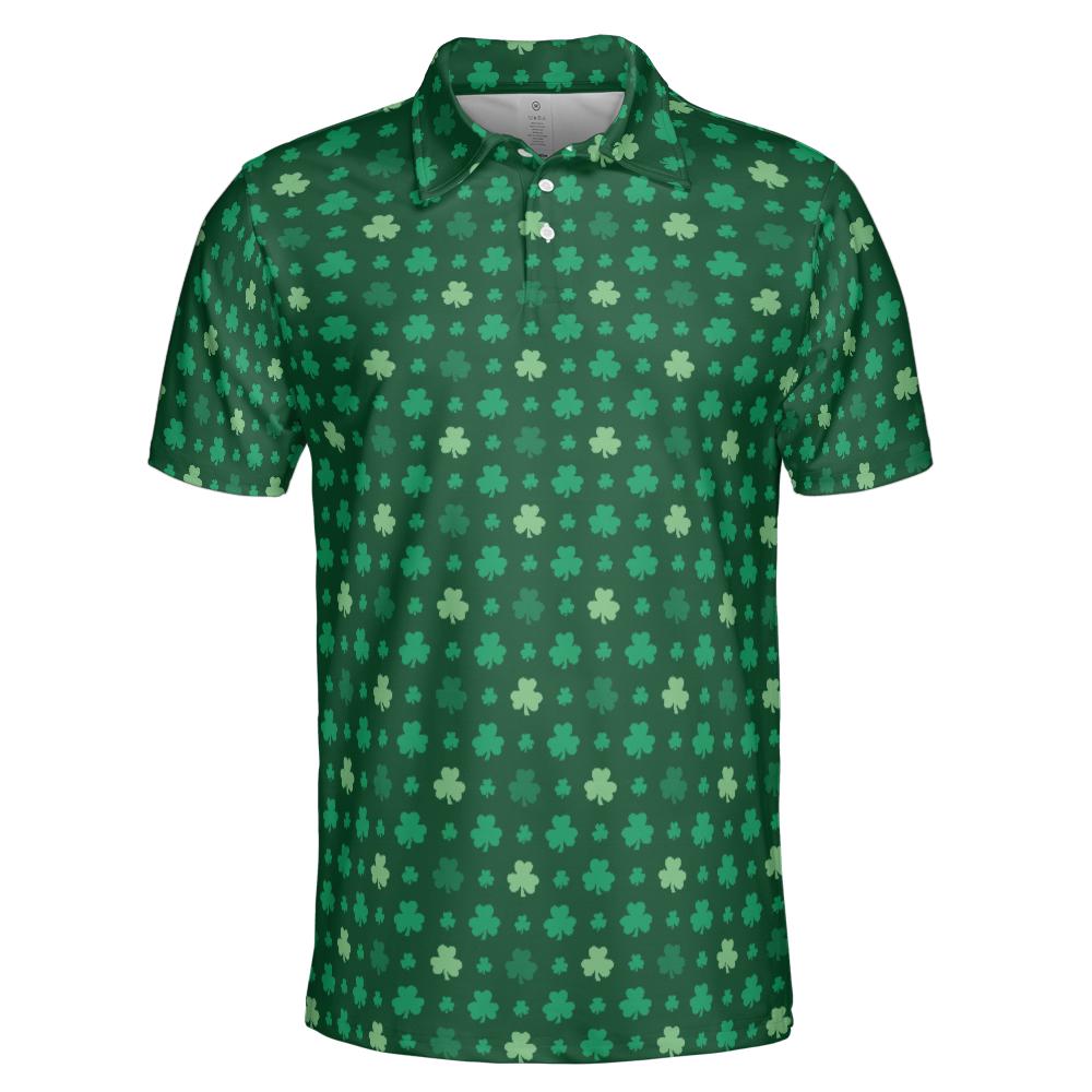St Patricks Day Polo Golf Shirt for Men Lucky Shamrock Clover Print Moisture Wicking Short Sleeve Top