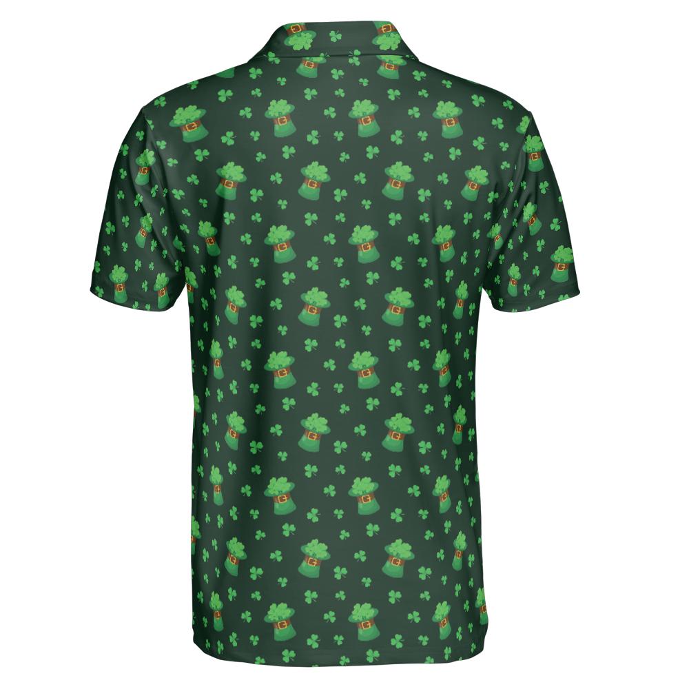 St Patricks Day Polo Golf Shirt for Men Lucky Clover Shamrock Hat Moisture Wicking Short Sleeve Top