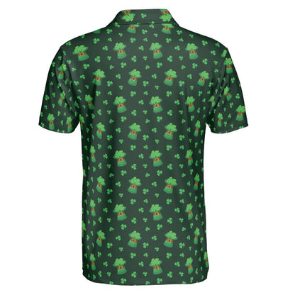 St Patricks Day Polo Golf Shirt for Men Lucky Clover Shamrock Hat Moisture Wicking Short Sleeve Top