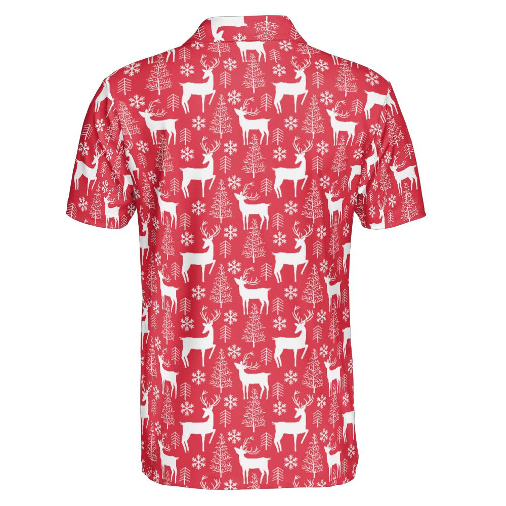 Men's Red Christmas Polo Festive Reindeer Moisture Wicking Short Sleeve Golf Shirt