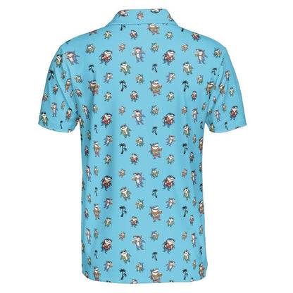 Shark Party Polo Golf Shirt for Men Palm Tree Print Beach Vacation Moisture Wicking Short Sleeve Top