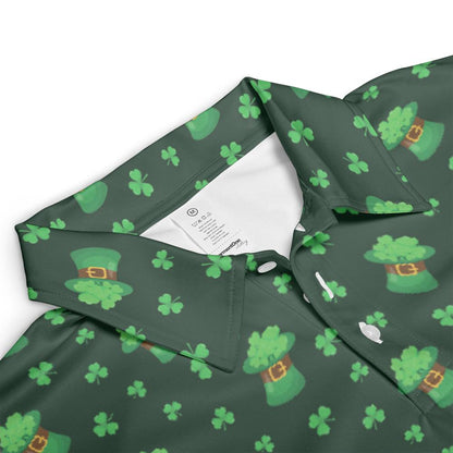 St Patricks Day Polo Golf Shirt for Men Lucky Clover Shamrock Hat Moisture Wicking Short Sleeve Top