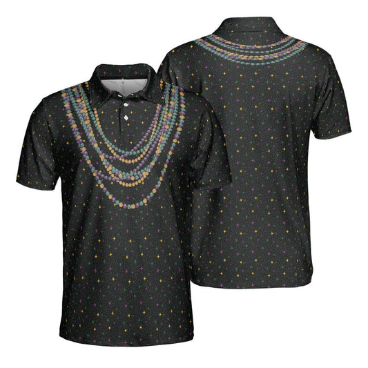 Mardi Gras Polo Shirts for Men Bead Necklace Party Shirt Moisture Wicking Short Sleeve Golf Shirt